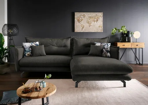 Ecksofa - 2-Sitzer, Recamiere, Armlehnen verstellbar, Velourstoff Anthrazit
