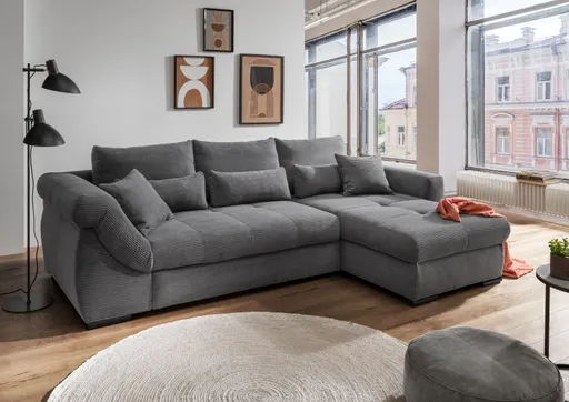 Ecksofa - 2-Sitzer mit Longchair rechts, Schlaffunktion, Cord, Grau