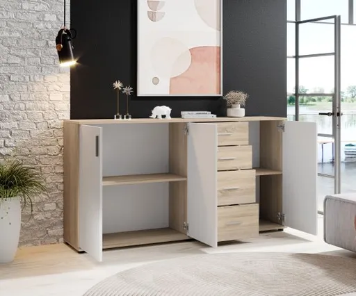Kommode - B ca. 160 cm, Sonoma Eiche Nachbildung, Weiß