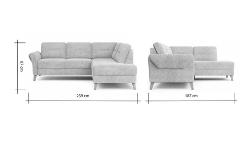 Ecksofa Almyra - 2,5-Sitzer mit Ottomane rechts, Stoff, Silbergrau