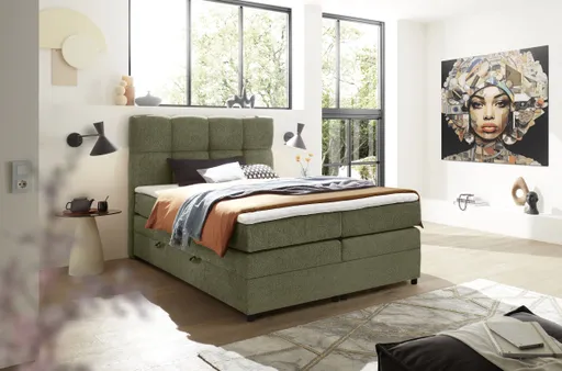 Boxspringbett SANDRIN R- Liegefläche ca. 160x200 cm, Stoff, Braungrün, inkl. Stauraum	