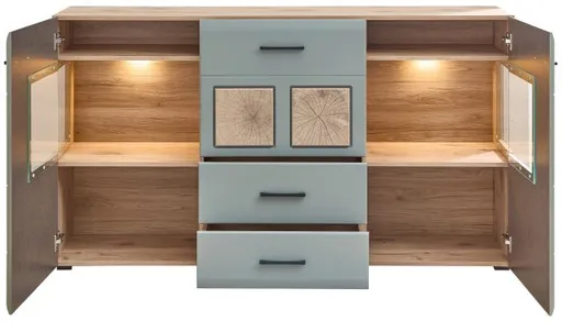 Sideboard - B ca. 170 cm, mit Beleuchtung, Schilfgrün, Viking Eiche Nachbildung