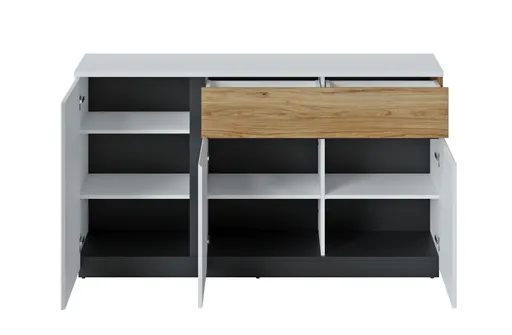 Kommode - B ca. 155 cm, Weiß, Eiche Nachbildung, Schwarz matt