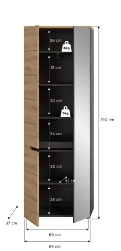Garderobenschrank - B ca. 65 cm, Basalt grau, Artisan Eiche Nachbildung, Spiegel