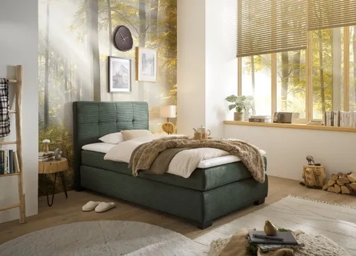 Boxspringbett JILA- Ligefläche ca. 120x200 cm, Stoff, Dunkelgrün