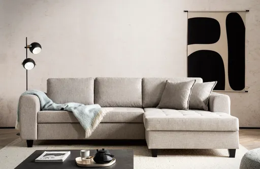Ecksofa - 2-Sitzer, Ecke rechts inkl. Schlaffunktion mit Bettkasten, Stoff, Steingrau