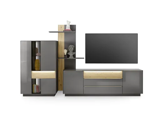 Highboard - mit Beleuchtung, B ca. 96 cm, Anthrazit, Eiche massiv