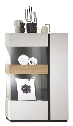 Vitrine - mit Beleuchtung, Weiß, Eiche Nachbildung, Schwarz matt