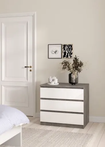 Kommode - B ca. 77 cm, Betonoptik, Weiß Hochglanz