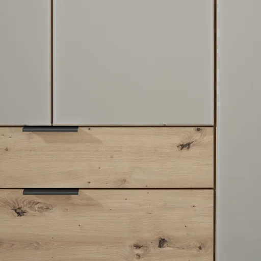 Drehtürenschrank WANJA- B ca. 180 cm, Eiche Dekor, Glas, Saharagrau