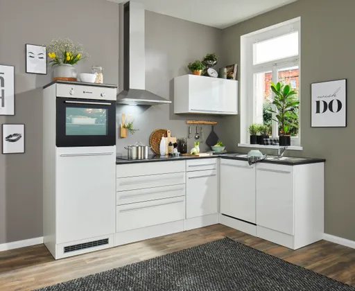 Küchenblock Eck- Inkl. E-Geräte, B ca. 260 cm, Weiß Matt, Weiß Hochglanz