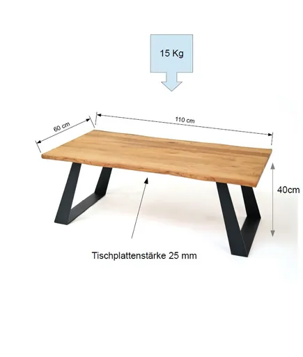 Couchtisch - LB ca. 110x60 cm, Wildeiche massiv geölt, Baumkante, Schwarz