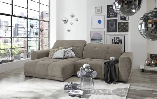 Ecksofa - Longchair links mit 2-Sitzer, Kopfteil verstellbar, Sitztiefe verstellbar motorisch, Stoff, Steingrau