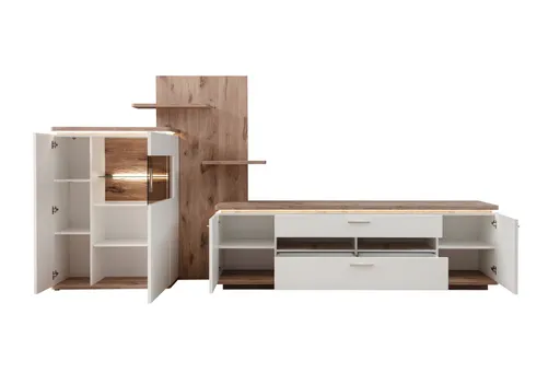 Wohnwand mit Beleuchtung - Weiß, Absetzung Eiche