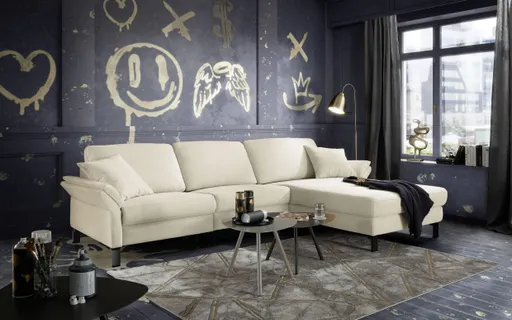 Ecksofa CALM PREMIUM 2.0 - 3-Sitzer mit Longchair rechts, Rückenlehne vertellbar, Stoff, Natur