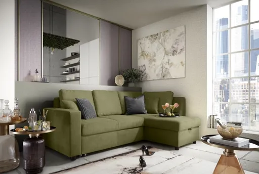 Ecksofa PRO FLEXX - 2-Sitzer, Ecke rechts inkl. Schlaffunktion und Bettkasten, Stoff, Olive