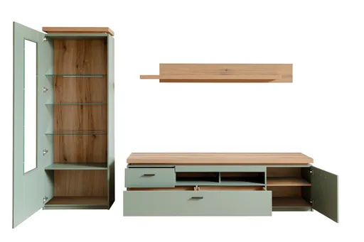 TV-Lowboard - mit Beleuchtung, B ca. 195 cm, Salbeigrün, Eiche Evoke Nachbildung