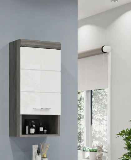 Hängeschrank - B ca. 37 cm, Rauchsilber, Weiß Hochglanz