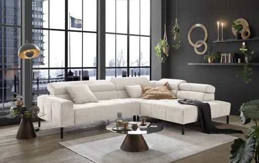 Ecksofa COLLEEN - 2-Sitzer mit Ecke rechts, Kopfteil verstellbar, Feincord, Weiß