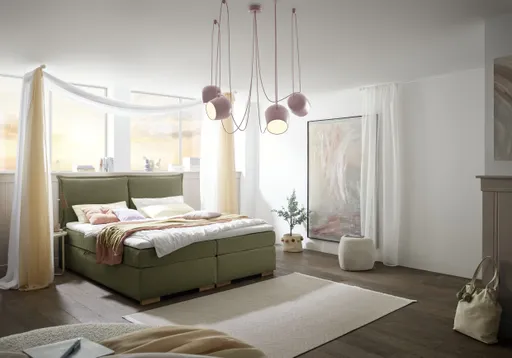 Boxspringbett SANDRIN A- Liegefläche ca. 200x200 cm, Stoff, Olivgrün, inkl. Stauraum