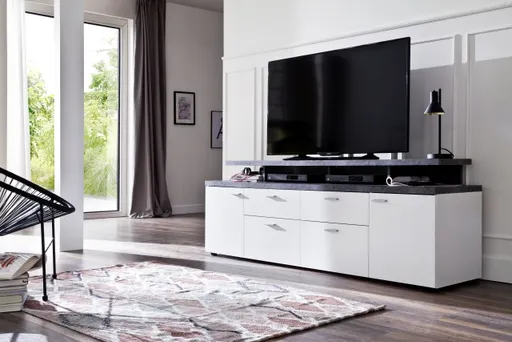 TV-Lowboard - B ca. 180 cm, Weiß, Stone dunkel Nachbildung