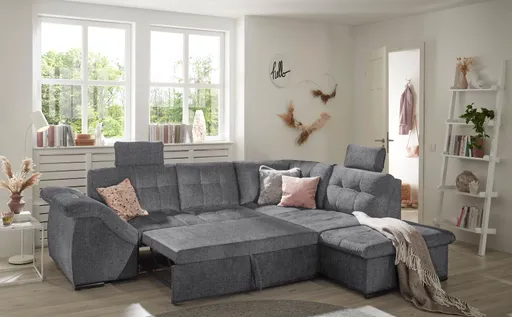 Ecksofa - 2-Sitzer, Ecke rechts inkl. Schlaffunktion und Bettkasten, Armteilverstellung, Stoff, Anthrazit