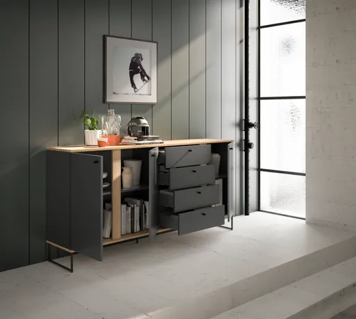 Sideboard - B ca. 180 cm, Anthrazit, Evoke Eiche Nachbildung