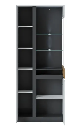 Vitrine - mit Beleuchtung, Weiß, Eiche Nachbildung, Schwarz matt