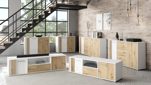 Sideboard FLORISS- Weiß, Eiche Dekor