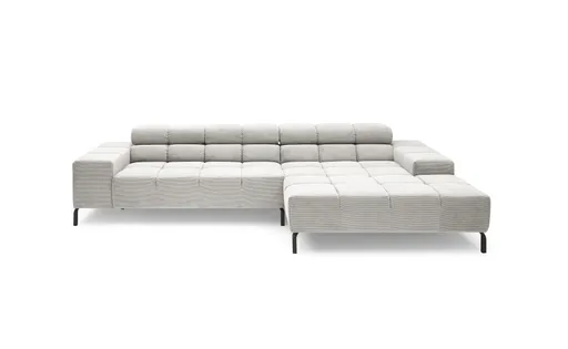 Ecksofa CLIVIA - 2-Sitzer mit Longchair rechts, Kopfteil verstellbar, Feincord, Silbergrau