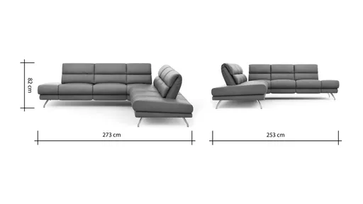 Ecksofa San Fernando – Ecke links mit 2-Sitzer, Armlehne verstellbar, Rückenlehne/Sitztiefe verstellbar,  Leder, Eisengrau