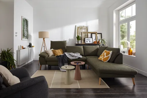 Ecksofa Gotera - 1,5-Sitzer med. + 1,5-Sitzer med. links mit Ecke und Abschlussteil rechts inkl. Rückenlehne verstellbar, Stoff, Olivgrün