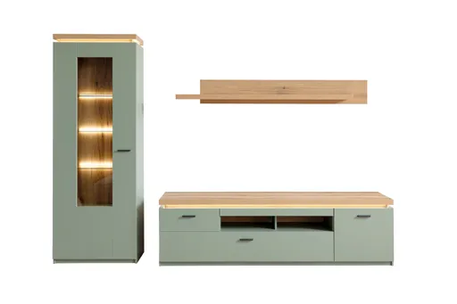 TV-Lowboard - mit Beleuchtung, B ca. 195 cm, Salbeigrün, Eiche Evoke Nachbildung
