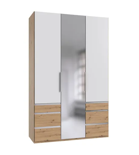 Drehtürenschrank- B ca. 150 cm, Eiche Dekor, Weiß, Spiegel