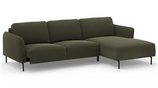 Ecksofa Leona - 3-Sitzer mit Longchair rechts inkl. Sitzvorzug motorisch, Stoff, Braungrün