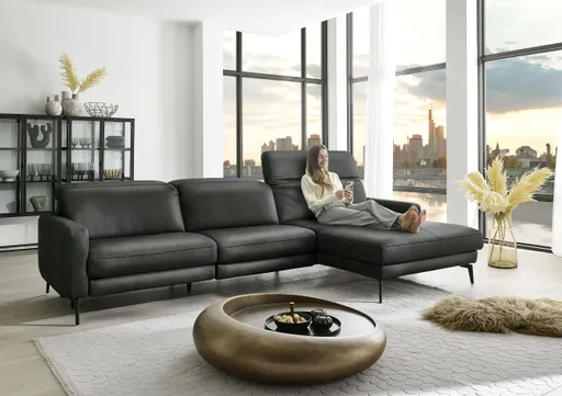 Ecksofa -3-Sitzer mit Longchair rechts, Kopfteil verstellbar, Leder, Anthrazit