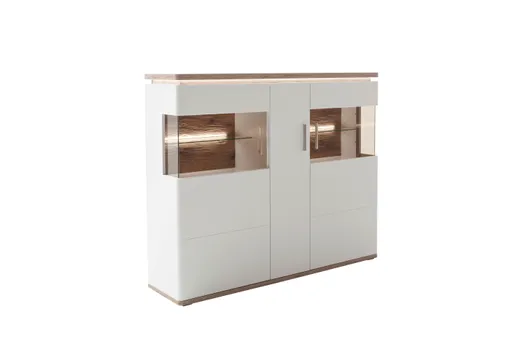 Highboard mit Beleuchtung - Weiß, Absetzung Eiche