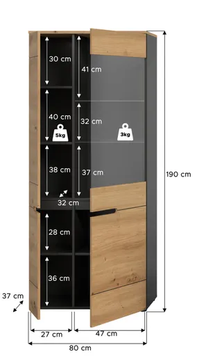 Vitrine - B ca. 80 cm, Basalt grau, Artisan Eiche Nachbildung