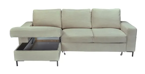 Ecksofa - Ecke links, 2-Sitzer inkl. Schlaffunktion und Bettkasten, Stoff, Creme