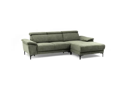 Ecksofa EZRA - 2-Sitzer, Ecke rechts inkl. Kopfteilverstellungen, Relaxfunktion im Longchair, Stoff, Graugrün