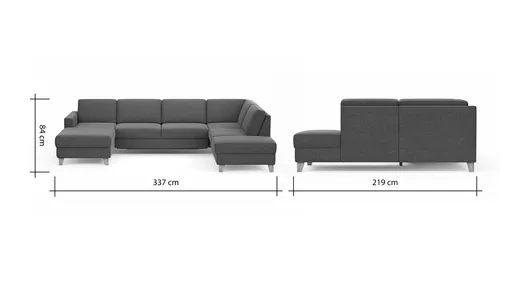 Wohnlandschaft Merlos - Longchair links mit 2,5-Sitzer und Ecke rechts inkl. Schlaffunktion mit Bettkasten, Stoff, Hellblau