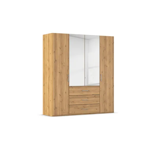 Drehtürenschrank - B. ca. 201 cm, mit Spiegeltüren und 3 Schubkästen, Fronten Asteiche Massiv