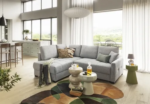 Ecksofa EDWIN - 2-Sitzer, Ecke rechts inkl. Schlaffunktion und Bettkasten, Stoff, Hellgrau