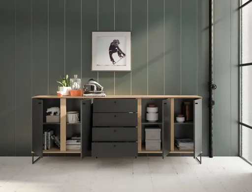 Sideboard - B ca. 225 cm, Anthrazit, Evoke Eiche Nachbildung