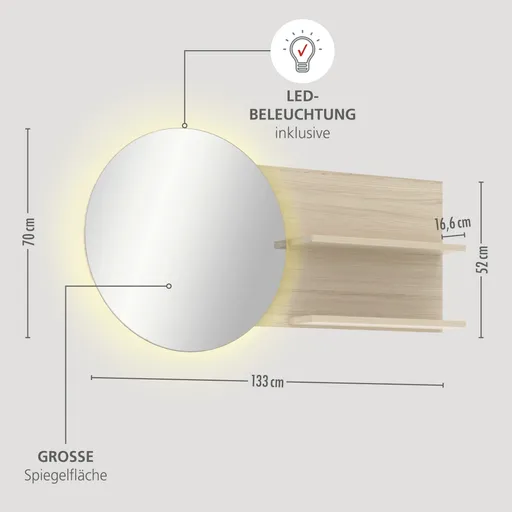 Spiegel - mit Beleuchtung, LB ca. 133x70 cm, Riva Eiche Nachbildung