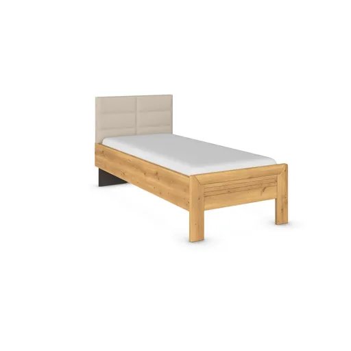 Bett - Liegefläche ca. 100x200 cm, mit Polsterkopfteil Champagner, Stollenfuß Asteiche Massiv