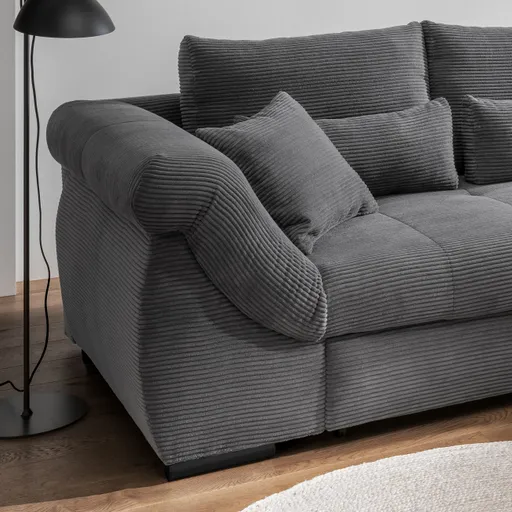 Ecksofa - 2-Sitzer mit Longchair rechts, Schlaffunktion, Cord, Grau