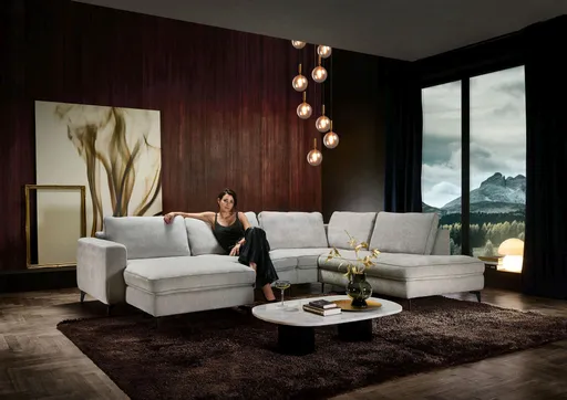 Wohnlandschaft - Longchair links mit 1,5-Sitzer und Ecke rechts, Stoff, Silbergrau