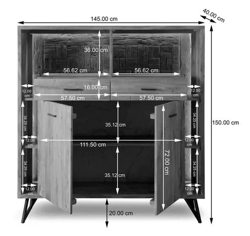 Highboard - mit Beleuchtung, B ca. 145 cm, Akazie massiv