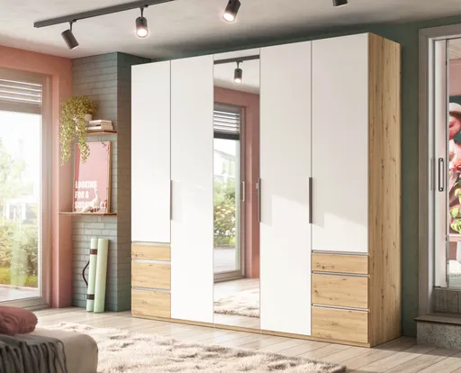 Drehtürenschrank- B ca. 250 cm, Eiche Dekor, Weiß, Spiegel
